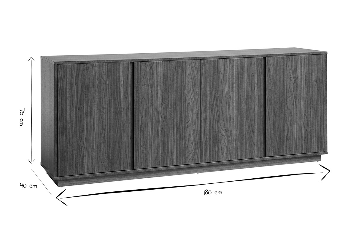 Buffet vintage 3 puertas, dimensiones 180x40x75 cm, vista frontal, negro y blanco.