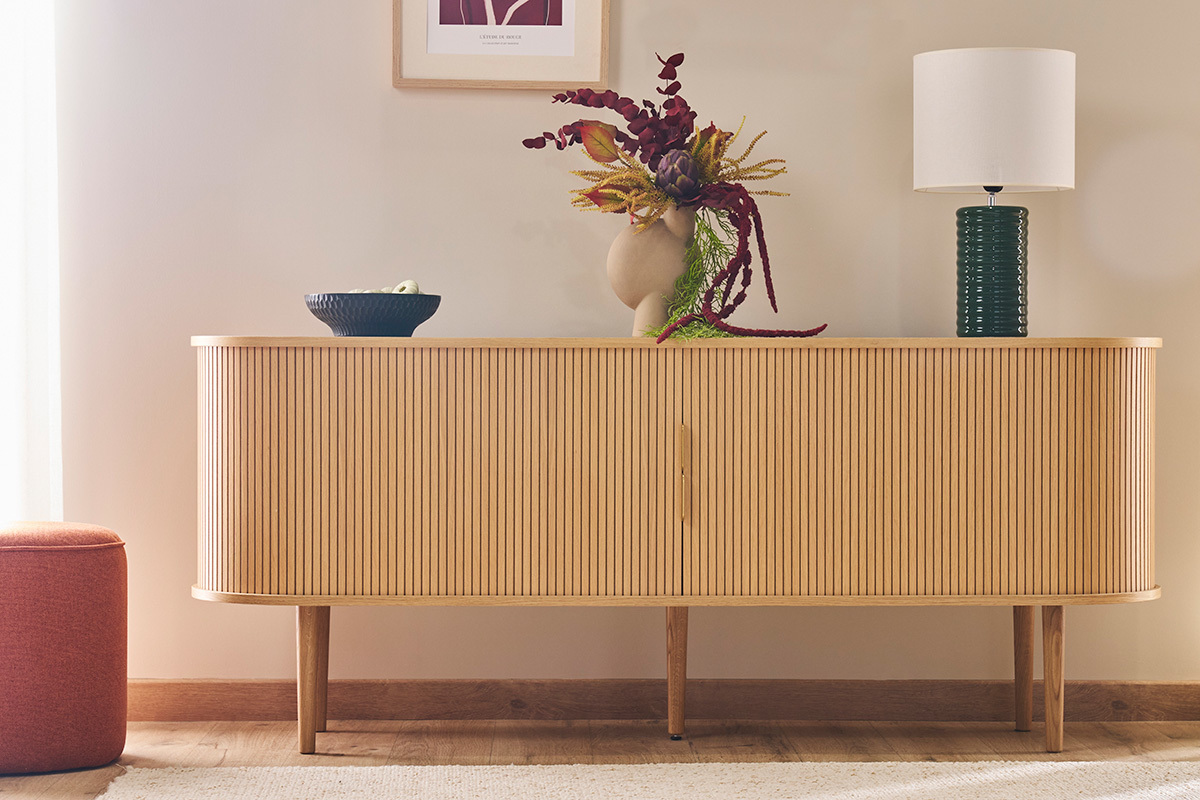 Buffet vintage madera clara de roble con almacenamiento 2 puertas correderas L180 cm EPIC