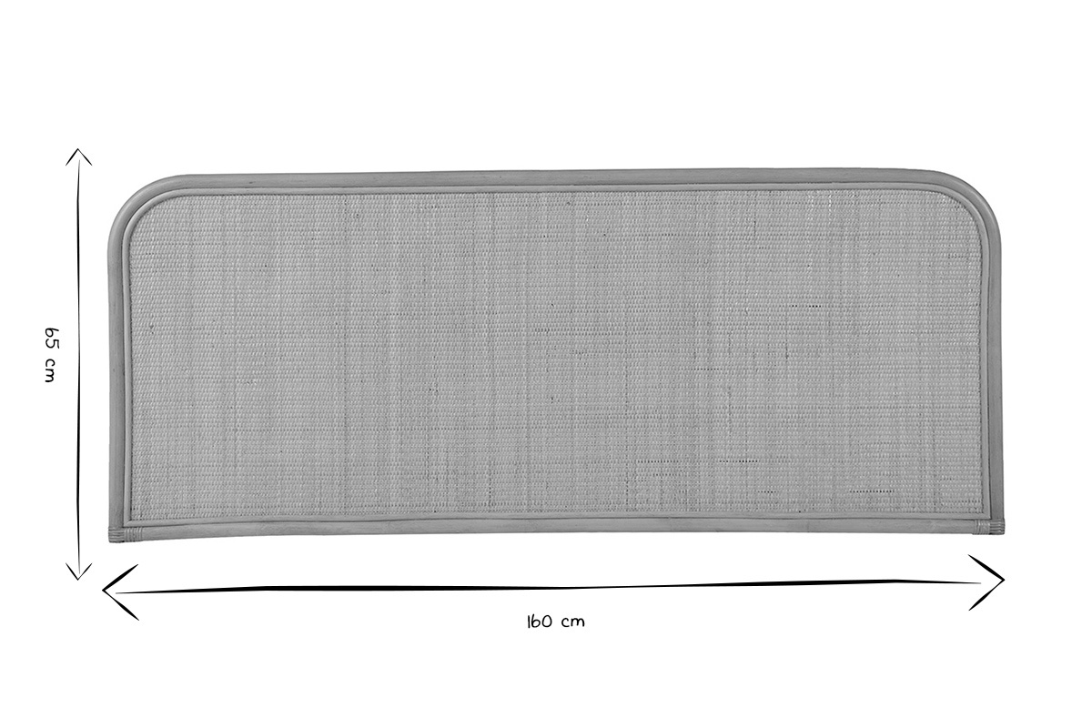 Dimensiones del cabecero NUSA: 160 cm de ancho, 65 cm de alto, vista frontal en blanco y negro.