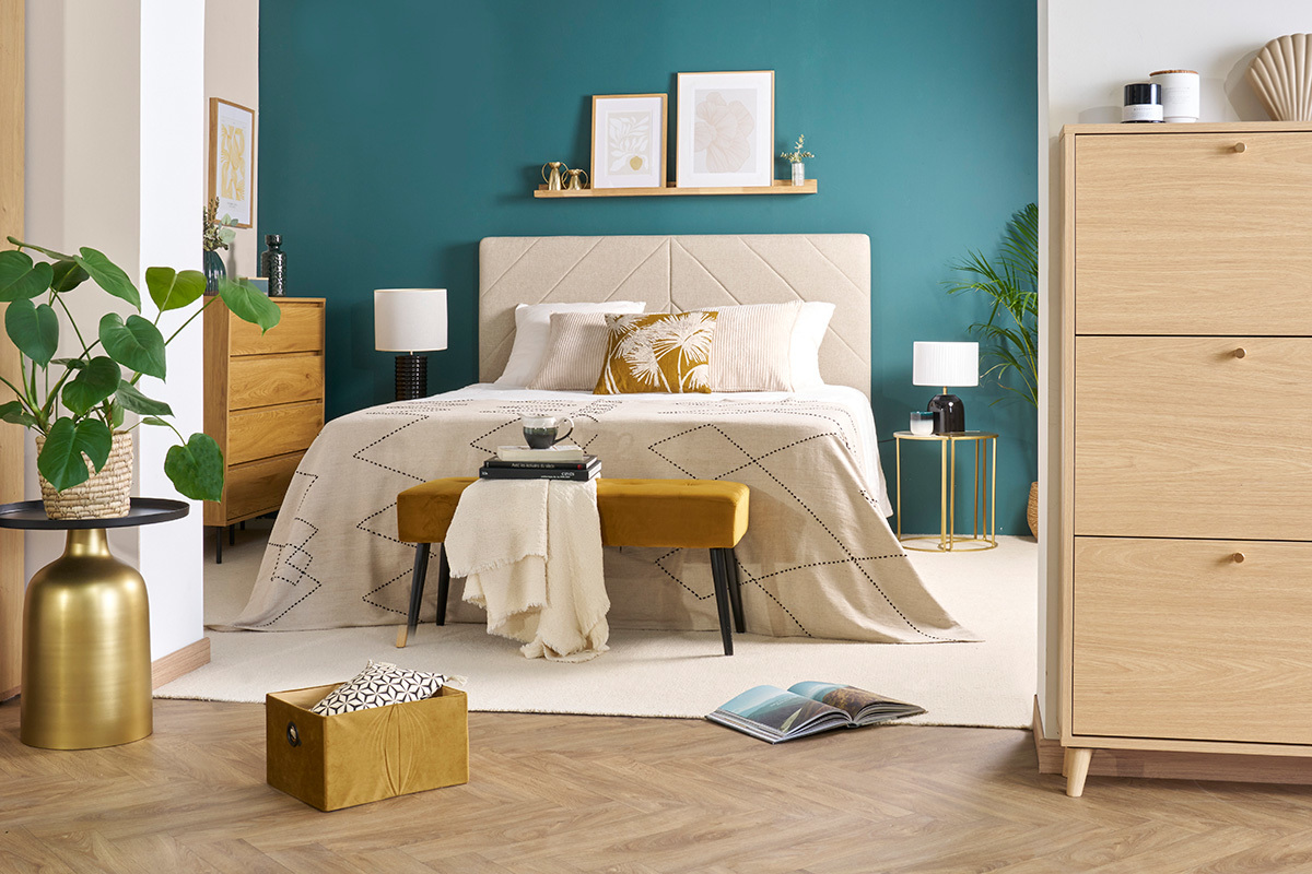 Cabecero de cama de tela efecto aterciopelado beige 160 cm AVAH