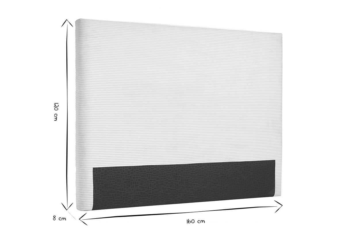 Dimensiones del cabecero de terciopelo acanalado negro y blanco, L160 x P8 x H120 cm, vista lateral.