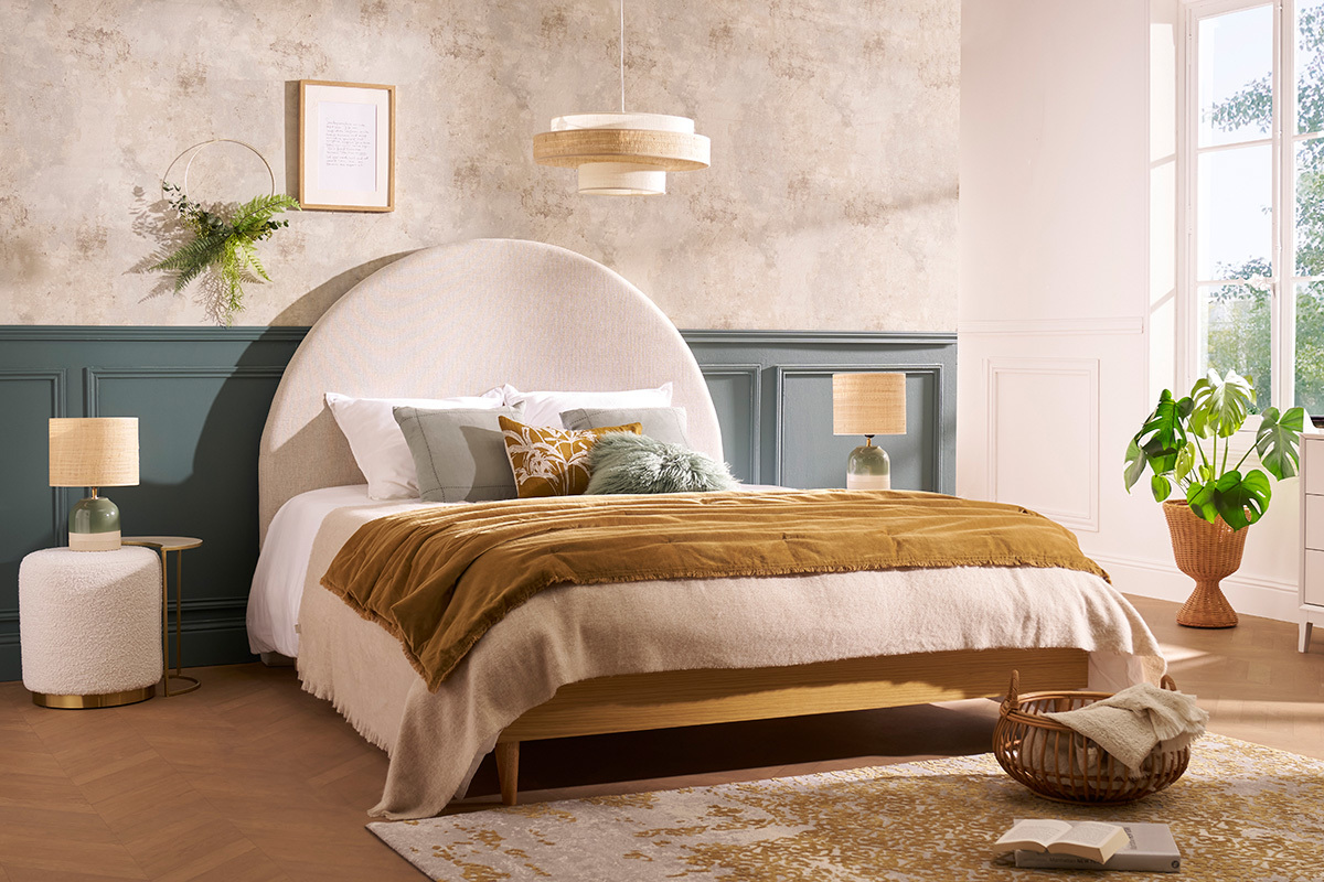 Cabecero de cama redondo de tela beige 160 cm NAOMY