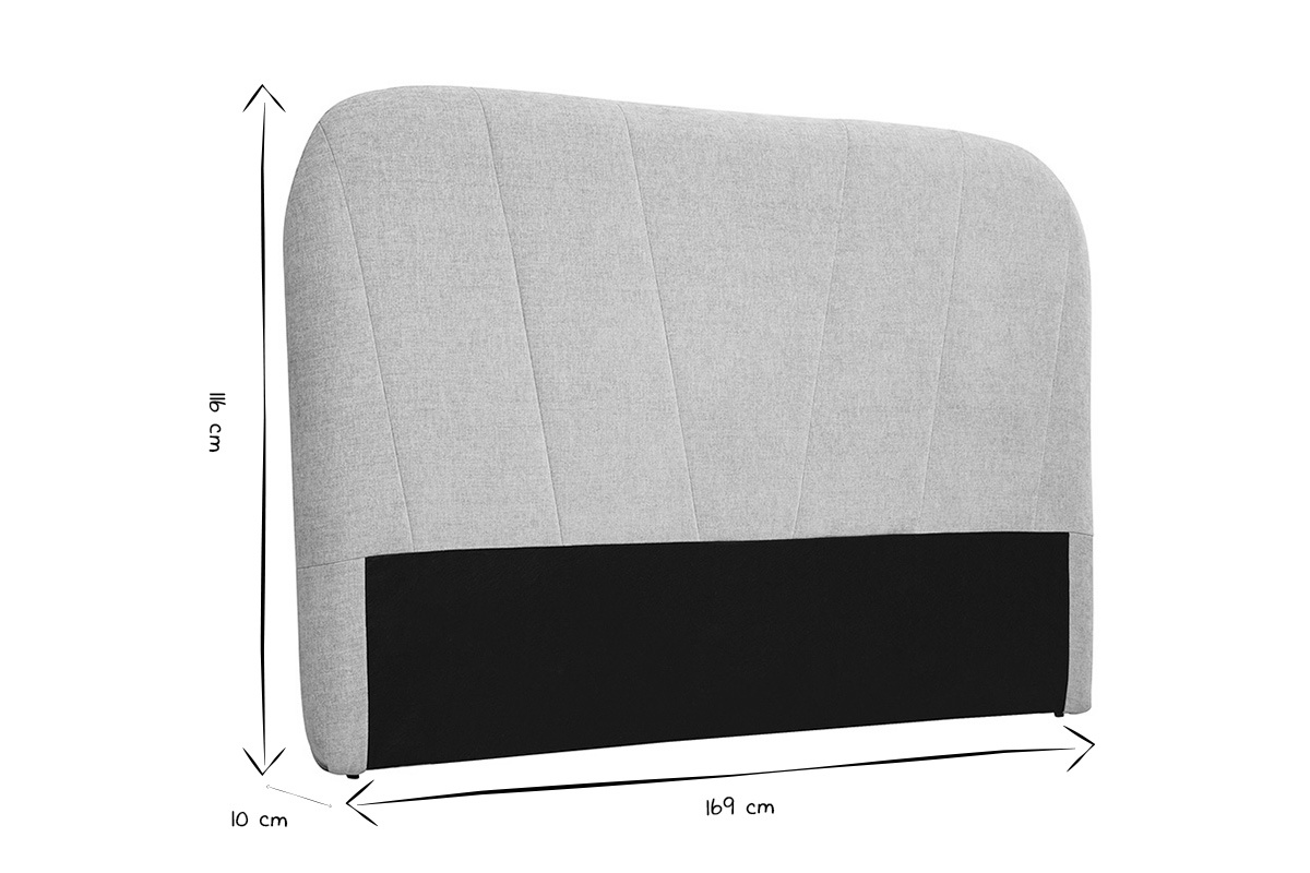 Cabecero de tela con efecto terciopelo texturizado beige, dimensiones: L169 cm, H116 cm, P10 cm, en blanco y negro.