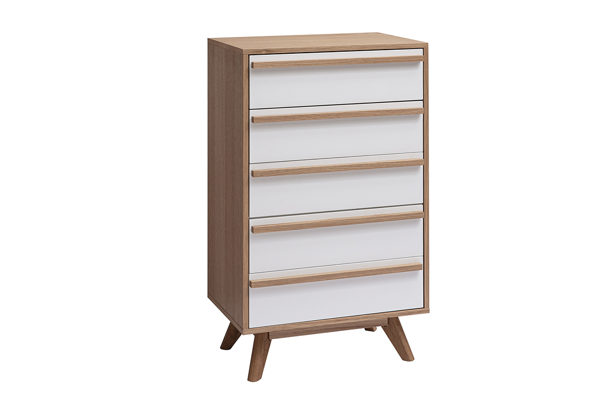 C�moda escandinava HELIA de 5 cajones, blanco y madera clara, vista 3/4.
