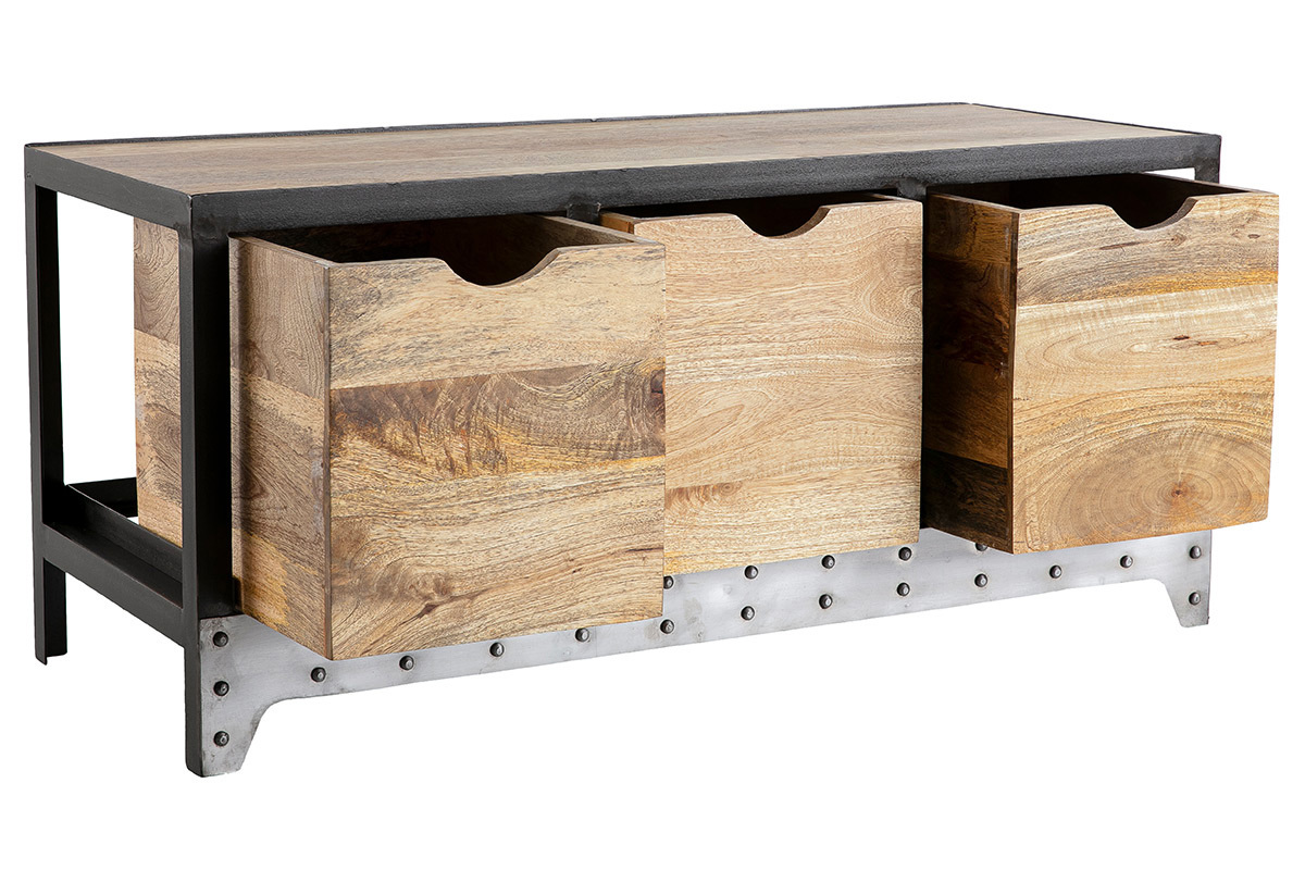 Mueble de almacenamiento industrial de madera maciza de mango y metal negro con tres cajones, vista de 3/4