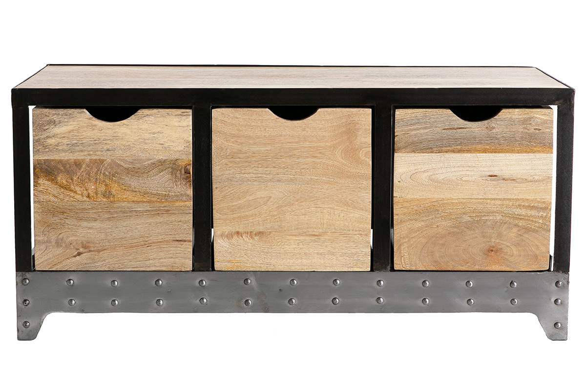 Mueble de almacenamiento industrial de madera maciza de mango y metal negro con 3 cajones, vista frontal.