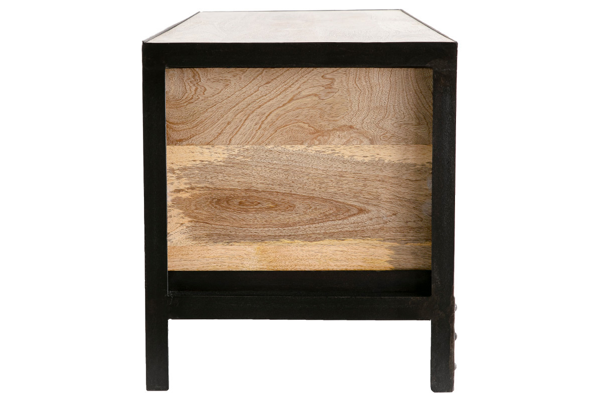 Mueble de almacenamiento industrial de madera de mango con metal negro, vista lateral, 3 cajones.