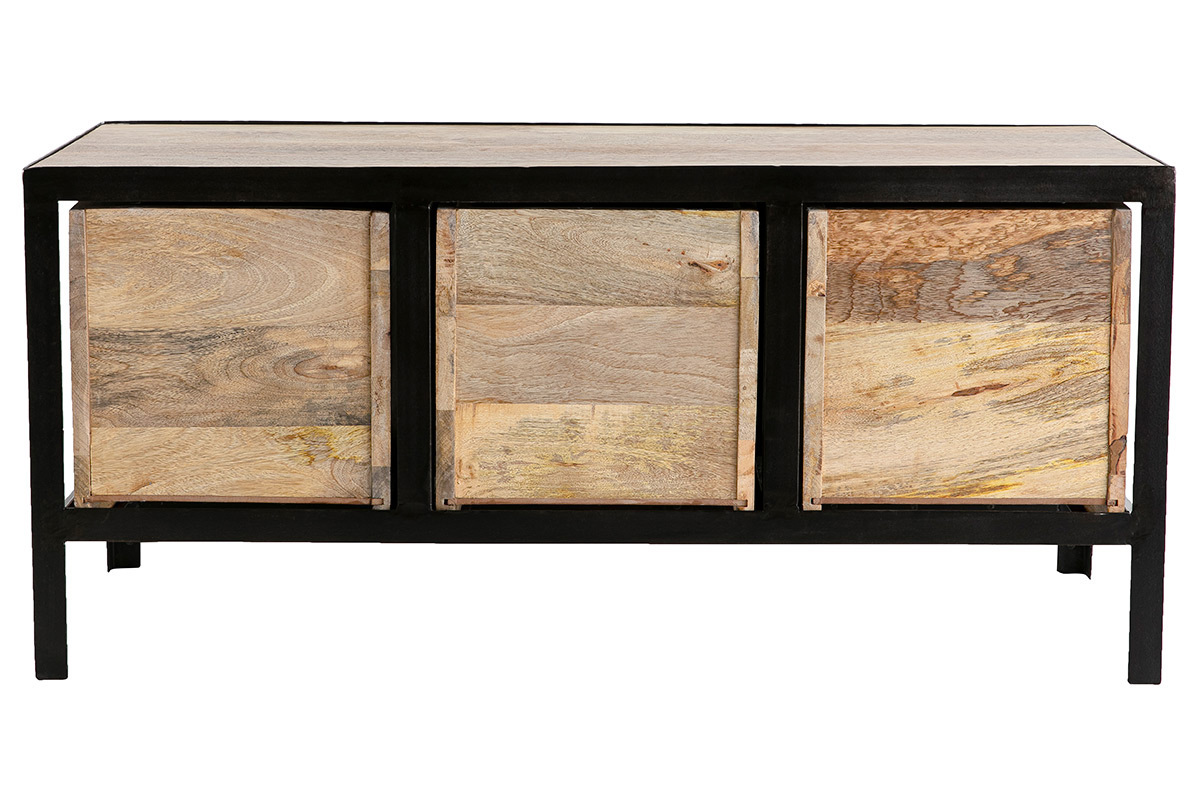 Mueble de almacenamiento industrial con 3 cajones de madera maciza de mango y metal negro, vista trasera.