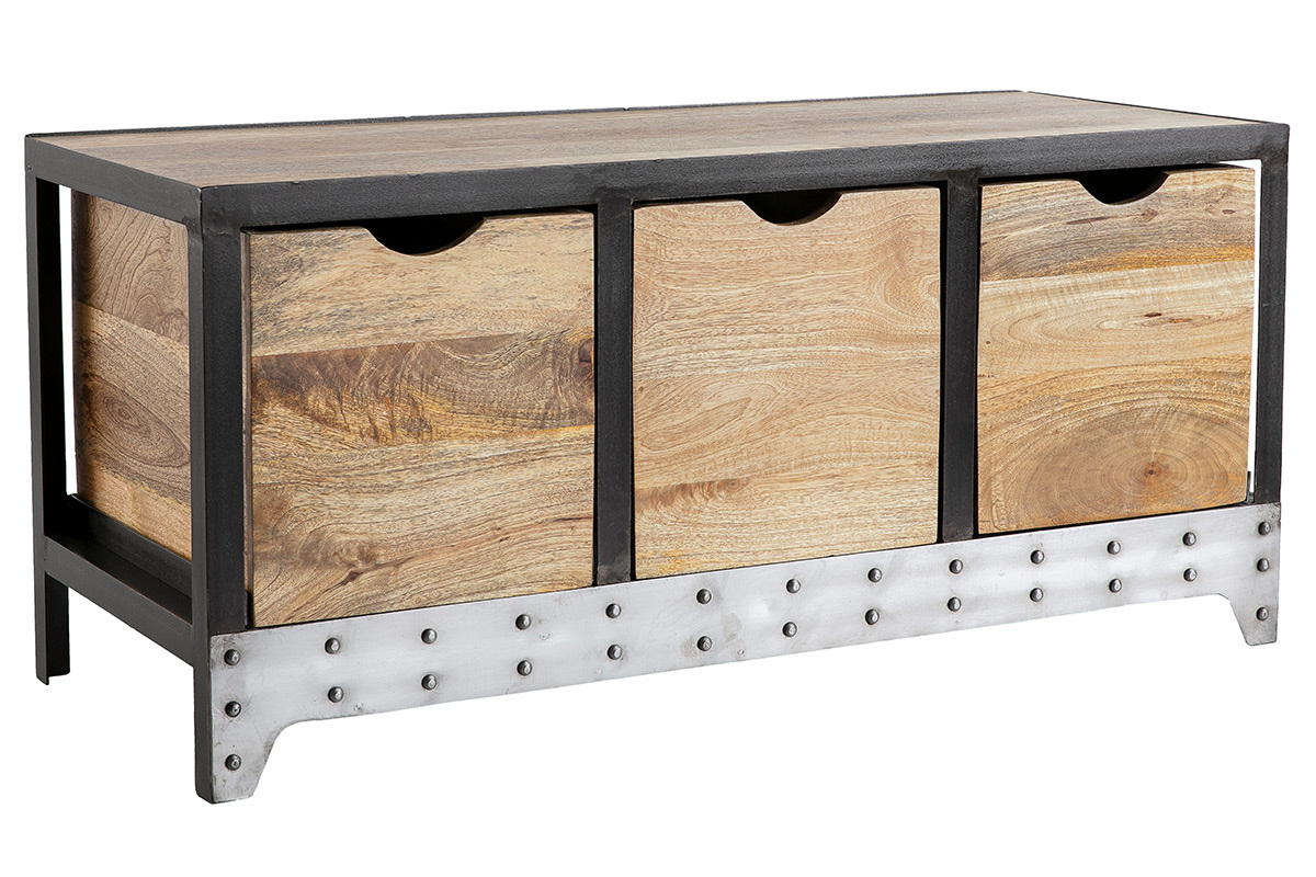 Mueble de almacenaje industrial de madera maciza de mango y metal negro con 3 cajones, vista en tres cuartos