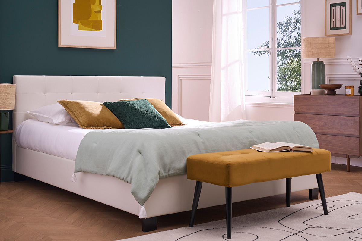 Cama 160 x 200 PU blanca acolchada MARQUISE