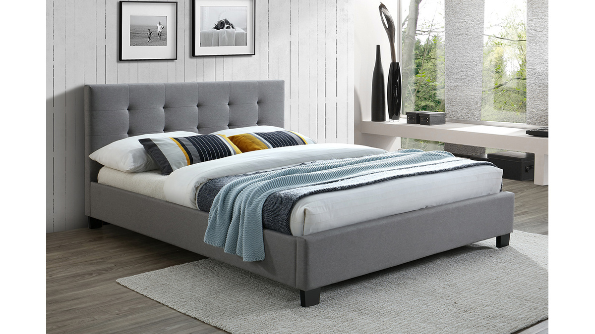 Cama 160 x 200 tela gris acolchada MARQUISE