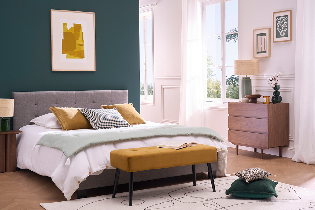 Cama 160 x 200 tela gris acolchada MARQUISE