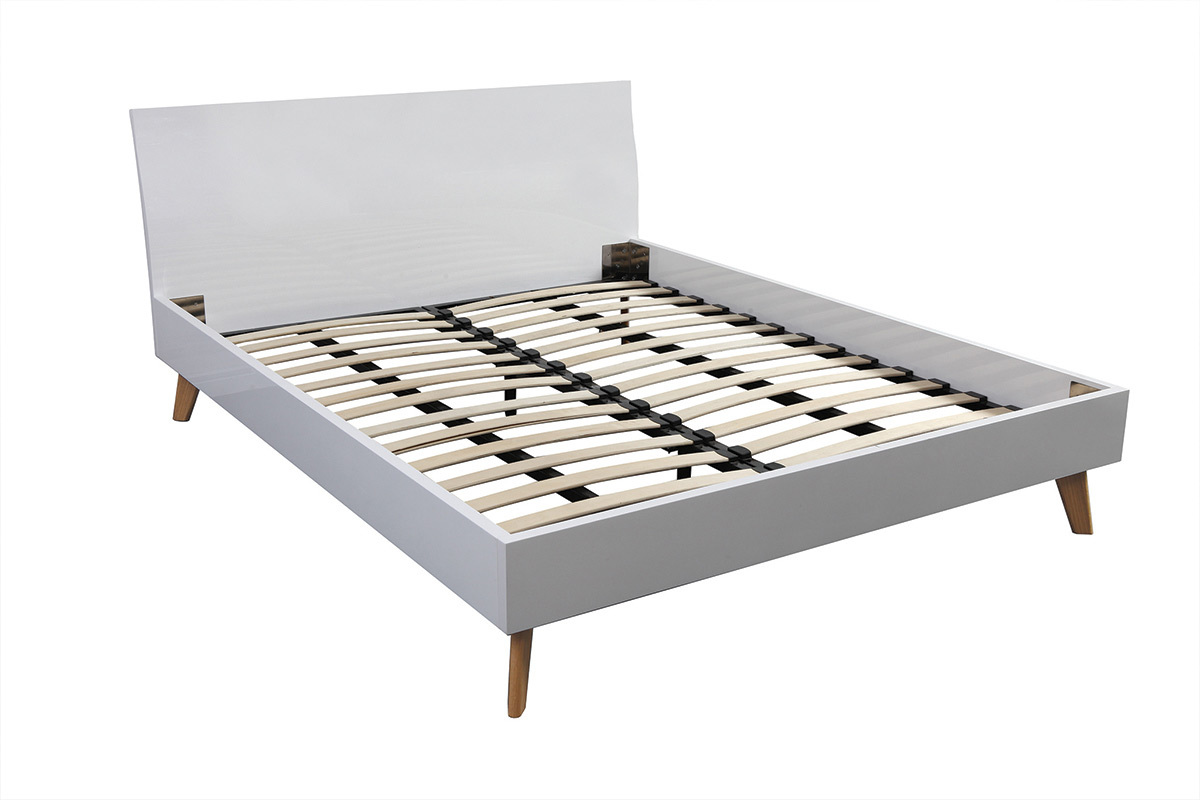 Cama adulto 160x200cm blanco brillante y fresno MELKA