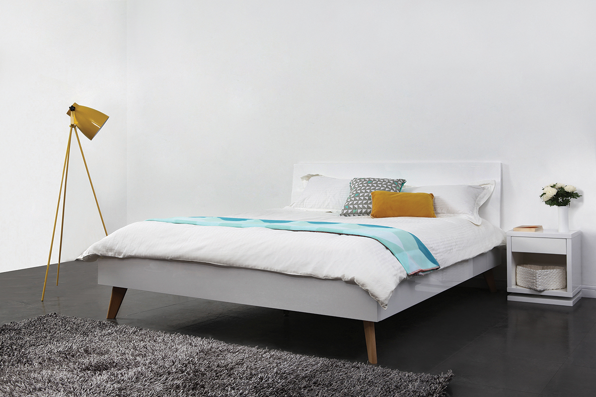 Cama adulto 160x200cm blanco brillante y fresno MELKA