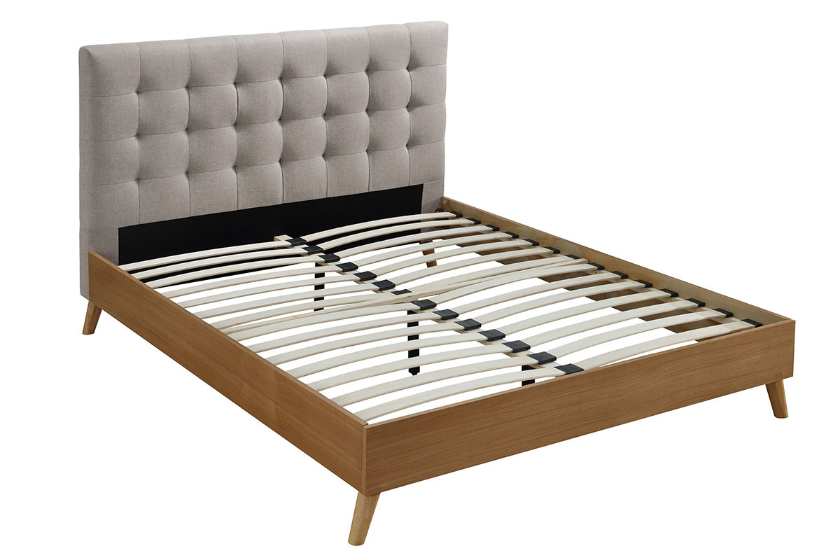 Cama adulto escandinavo madera y tejido beige 140 x 200cm LYNN