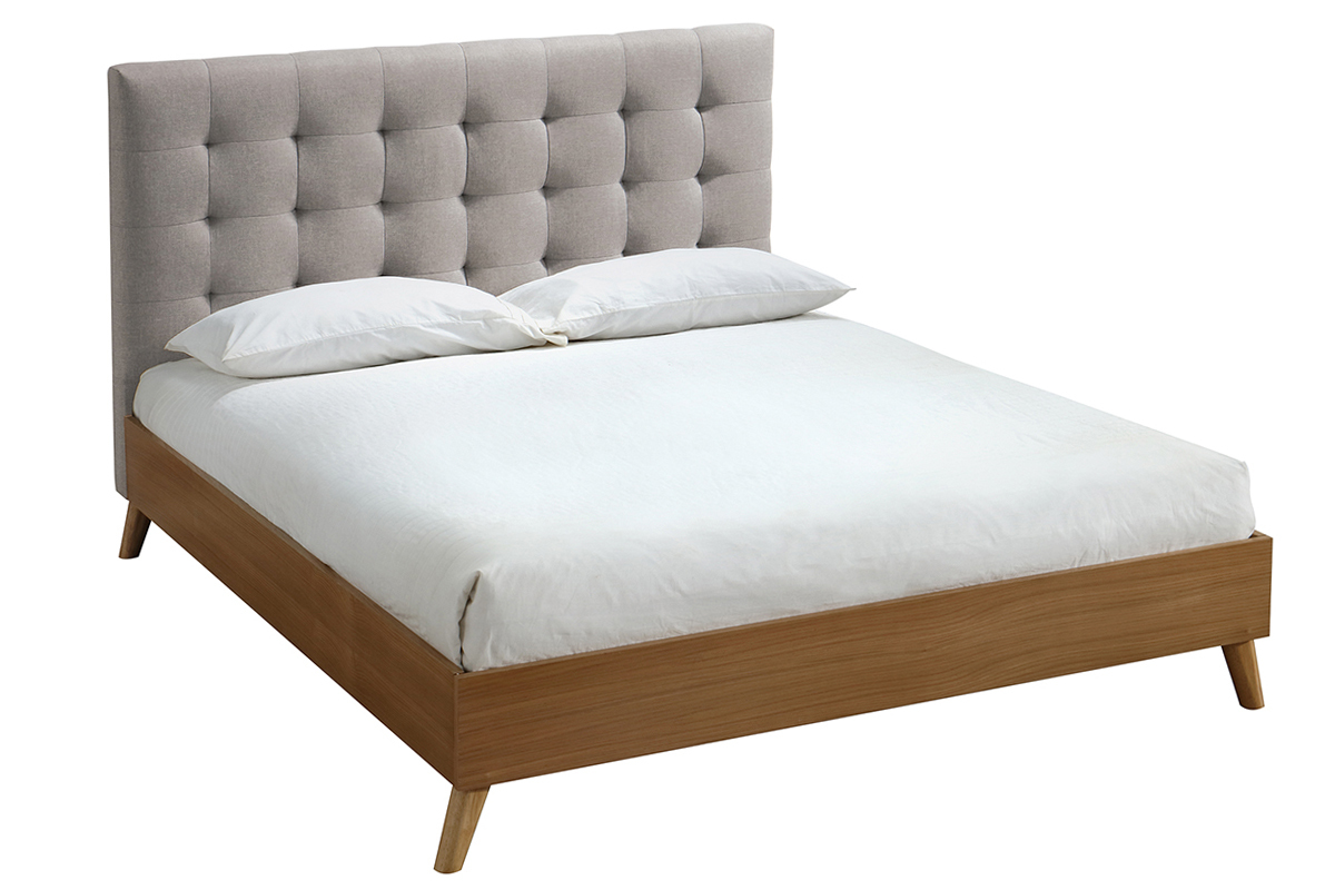 Cama adulto escandinavo madera y tejido beige 140 x 200cm LYNN