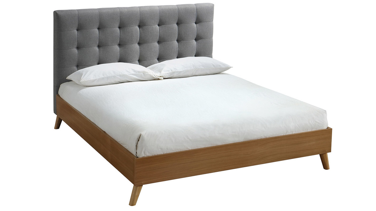 Cama adulto escandinavo madera y tejido gris 140 x 200cm LYNN