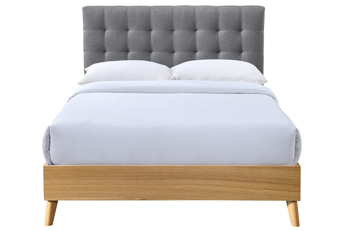Cama adulto escandinavo madera y tejido gris 140 x 200cm LYNN