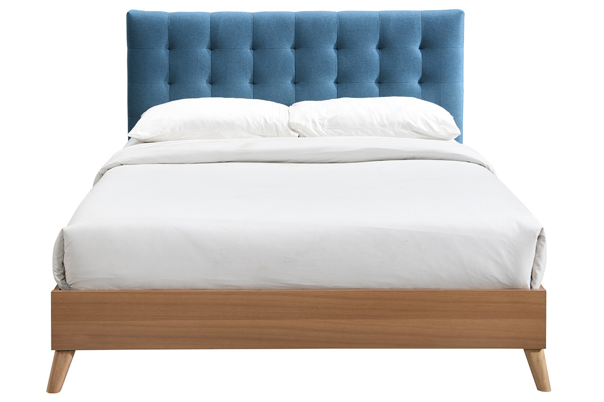 Cama adulto estilo nrdico madera y tejido azul petrleo 160 x 200cm LYNN