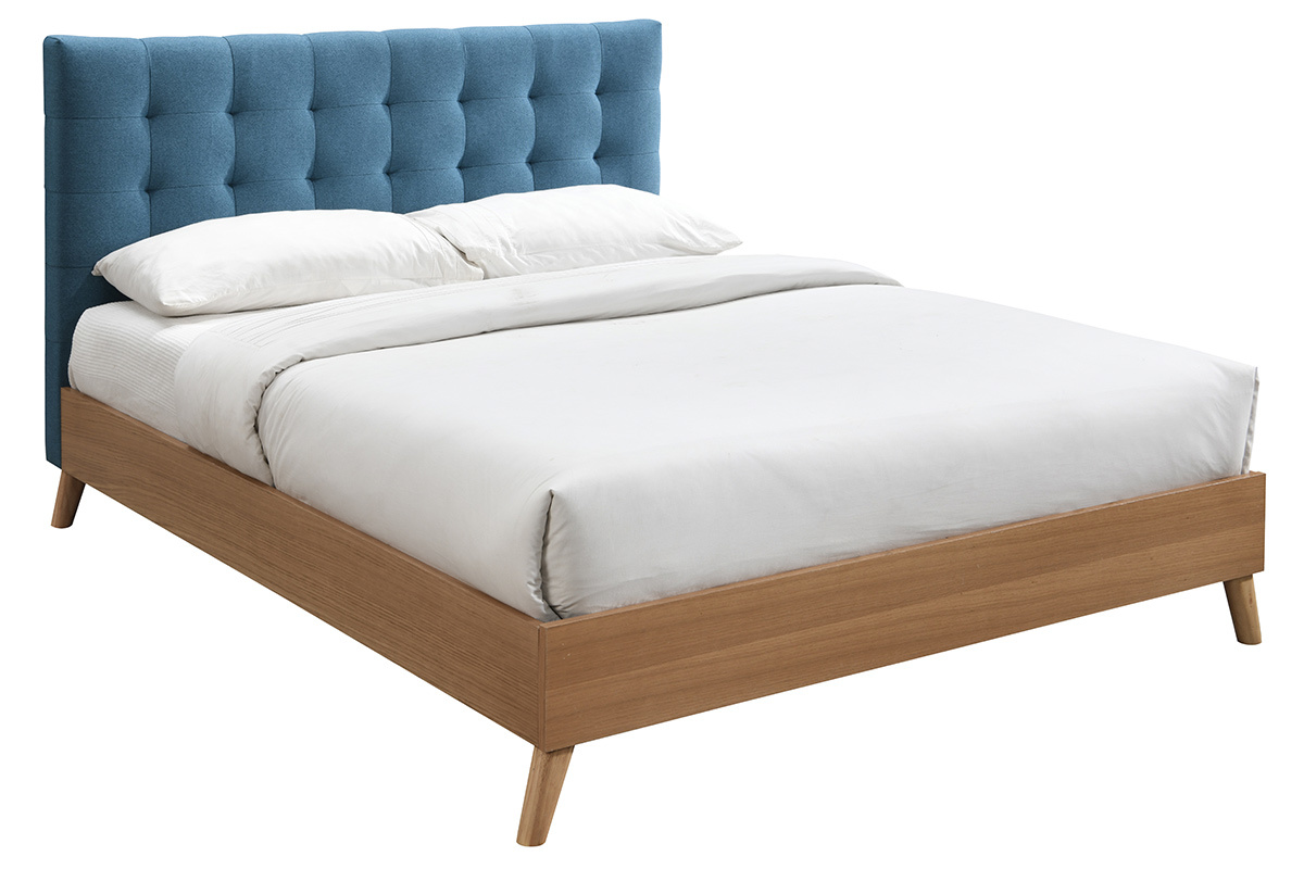 Cama adulto estilo nrdico madera y tejido azul petrleo 160 x 200cm LYNN