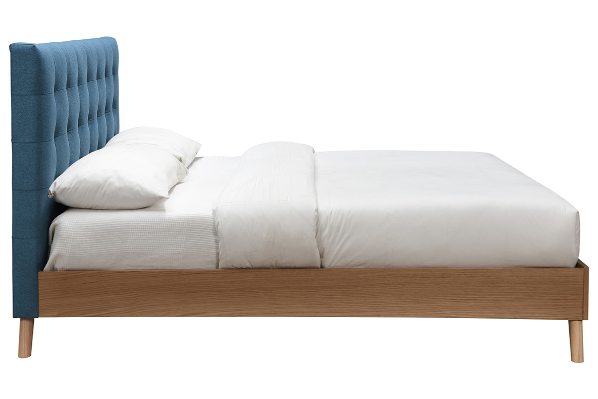 Cama adulto estilo nrdico madera y tejido azul petrleo 160 x 200cm LYNN