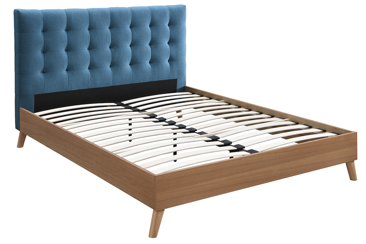 Cama adulto estilo nrdico madera y tejido azul petrleo 160 x 200cm LYNN