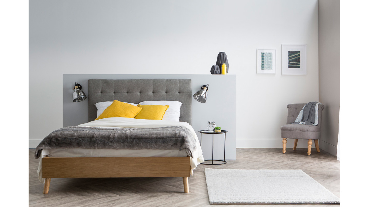 Cama adulto estilo nrdico madera y tejido gris 160 x 200cm LYNN