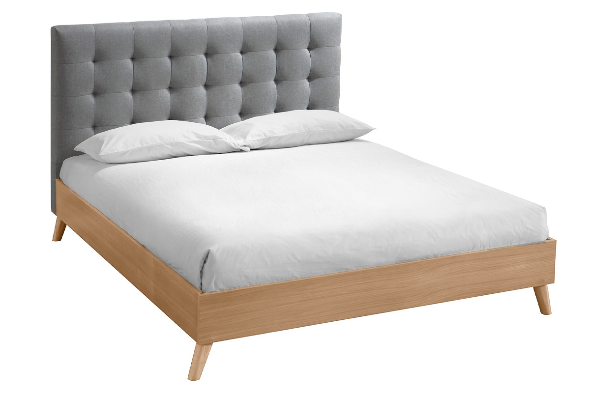 Cama adulto estilo nrdico madera y tejido gris 160 x 200cm LYNN