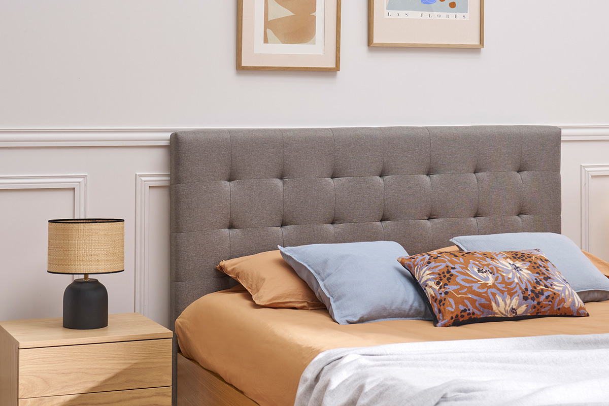 Cama adulto estilo nrdico madera y tejido gris 160 x 200cm LYNN