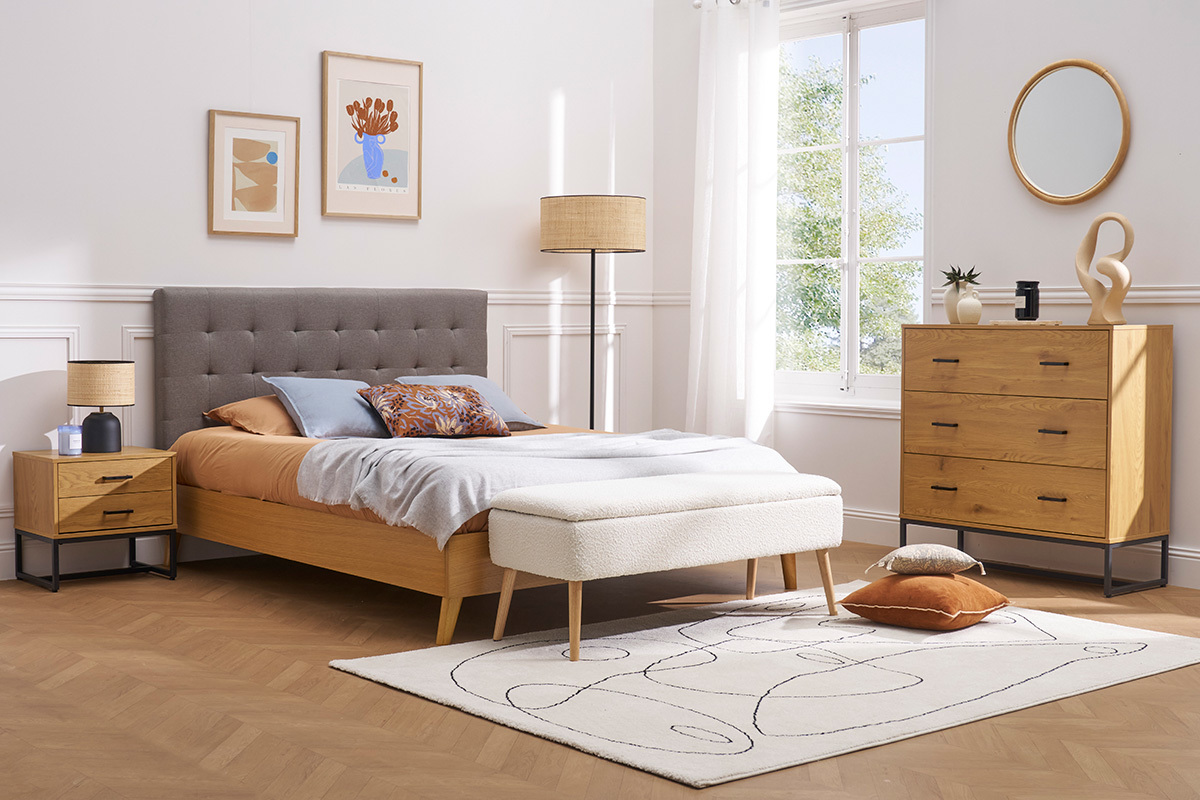 Cama adulto estilo nrdico madera y tejido gris 160 x 200cm LYNN