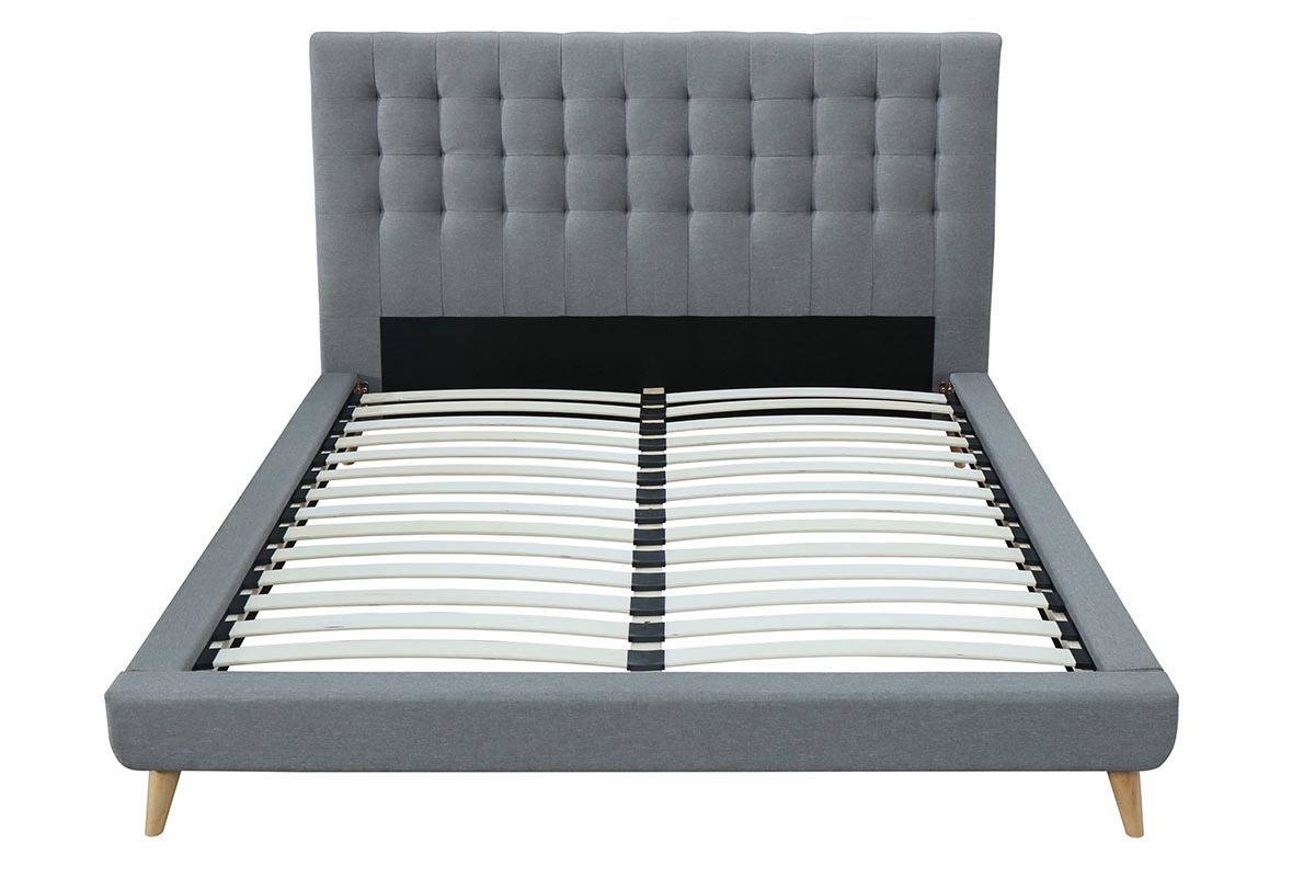 Cama capiton tejido gris y madera 160x200 SOREN
