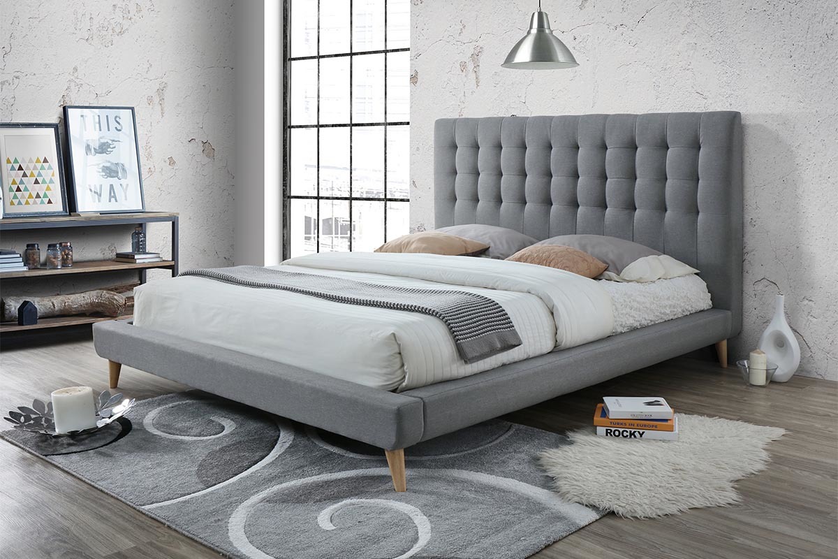 Cama capiton tejido gris y madera 160x200 SOREN