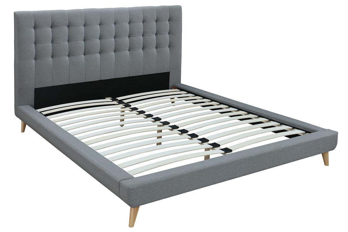 Cama capiton tejido gris y madera 160x200 SOREN