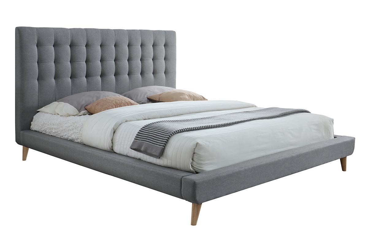 Cama capiton tejido gris y madera 160x200 SOREN