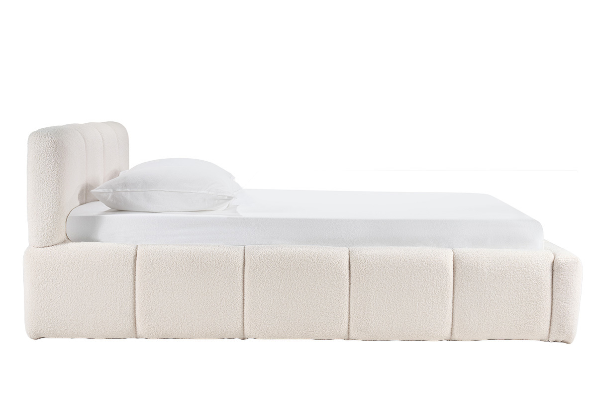 Cama con canap� de tela de lana rizada, vista lateral, 160x200 cm, con somier.