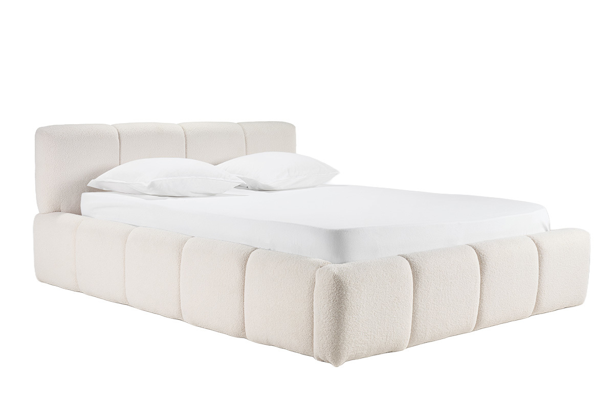 Cama con almacenaje de 2 plazas 160x200 cm en tela de lana rizada, vista 3/4.