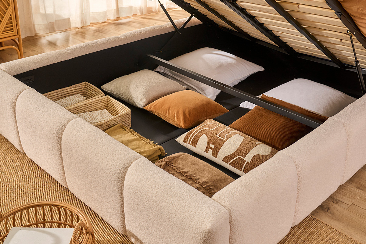 Cama con almacenaje de 2 plazas 160x200 cm en tela de lana rizada MOTTO