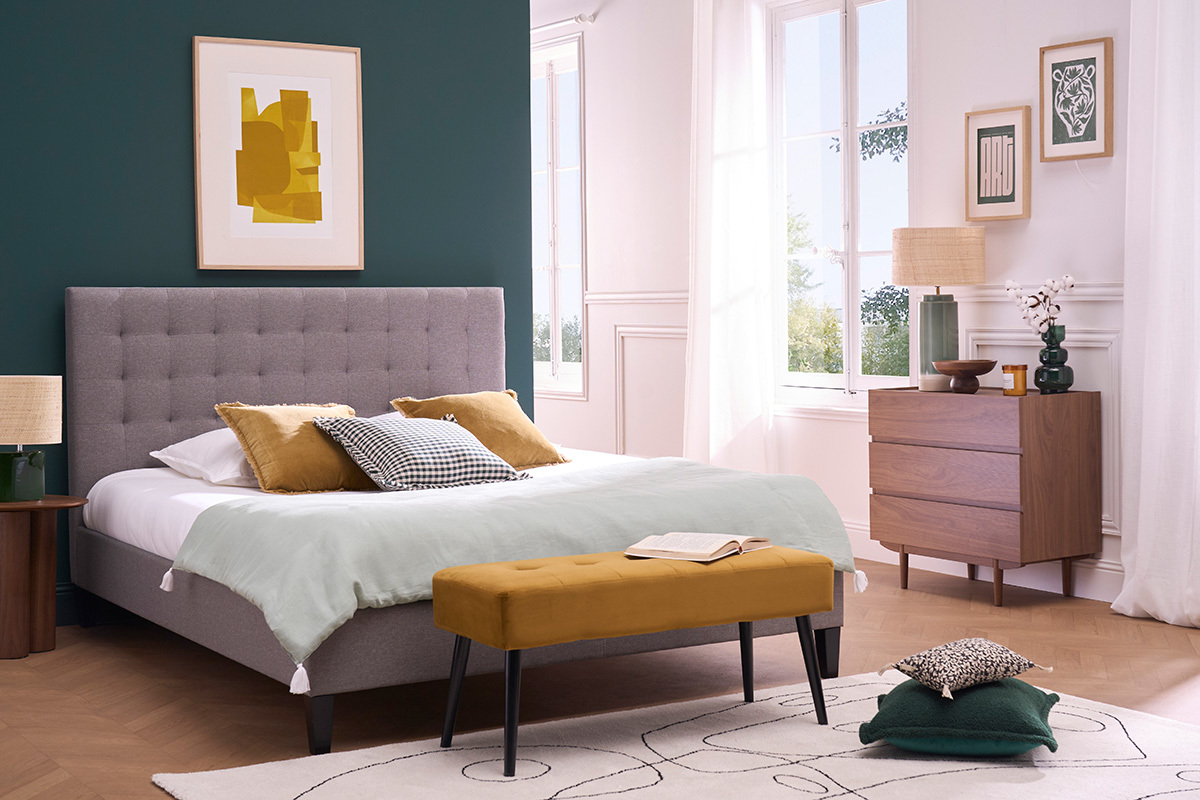 Cama con cabecero capiton tejido gris claro 160x200 DANAE