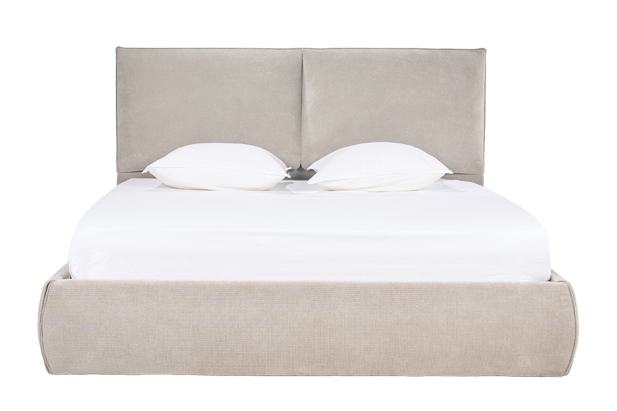 Cama con canap� beige 160x200 cm en tela de chenilla, vista frontal con cabecero.