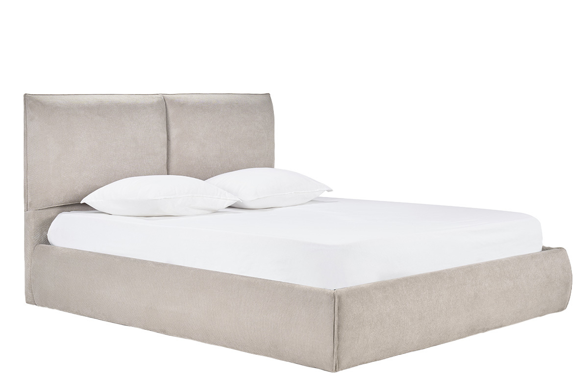 Cama con almacenamiento de 2 plazas en tela de chenilla beige con cabecero, vista de 3/4.
