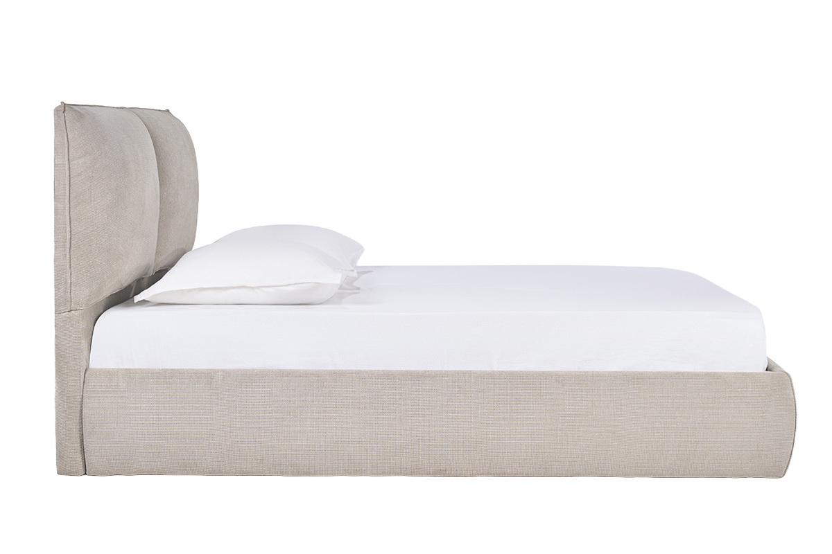 Cama con canap� beige 160x200 cm en tejido de chenilla, vista lateral.