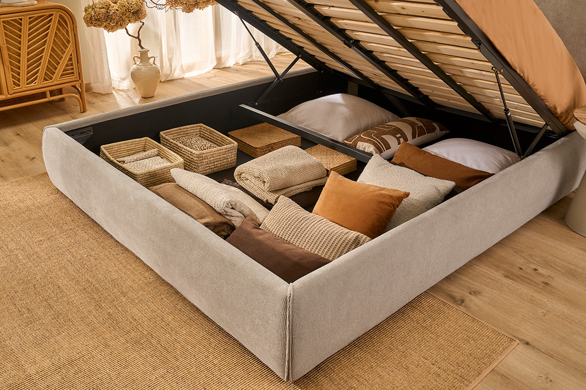 Cama con canap� 2 plazas 160x200 cm en tejido chenilla beige VIGO