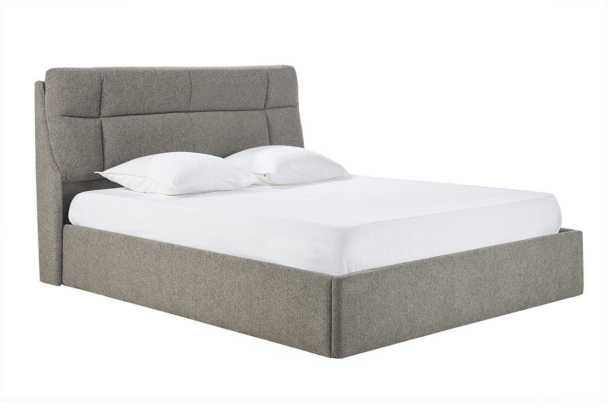 Cama contenedor de 2 plazas color topo HONO con cabecero acolchado, vista de tres cuartos.