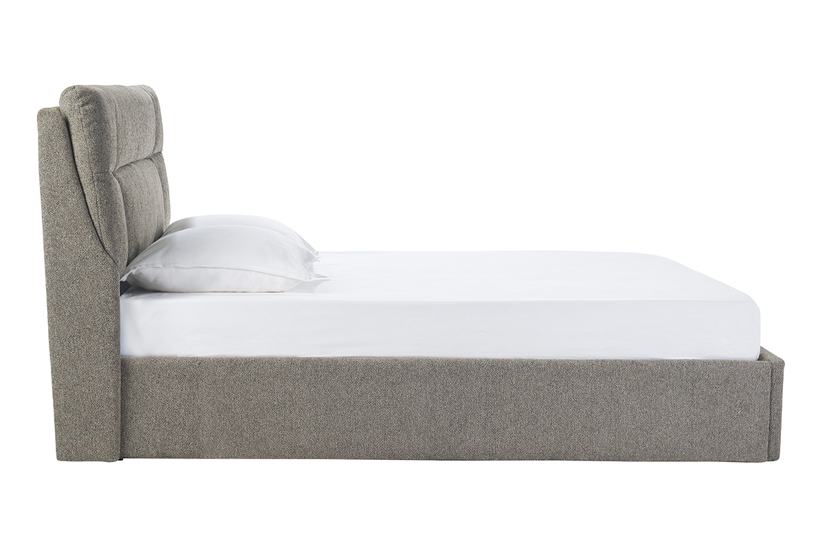 Cama con almacenaje de 2 plazas 160x200 cm en color topo, vista lateral, con cabecero acolchado y almohada.