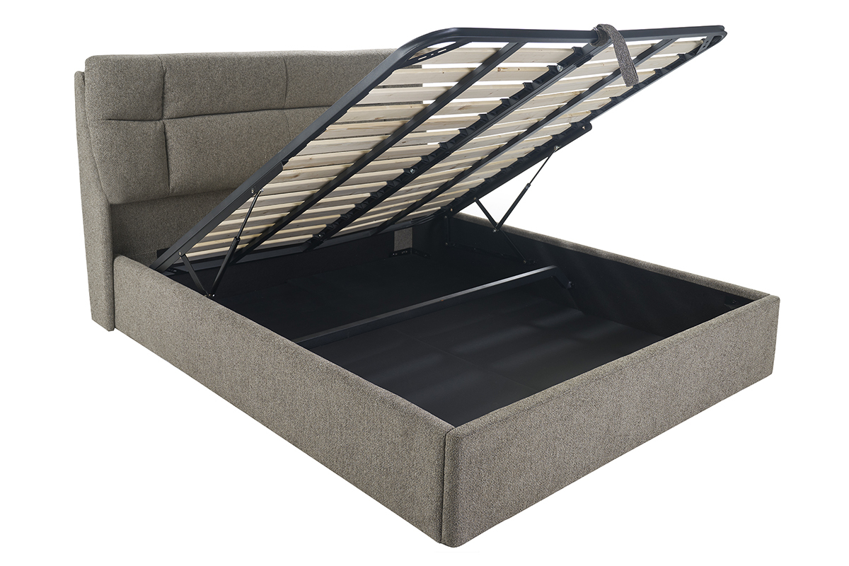 Cama HONO taupe 160x200 cm con bal abierto, tela texturizada.