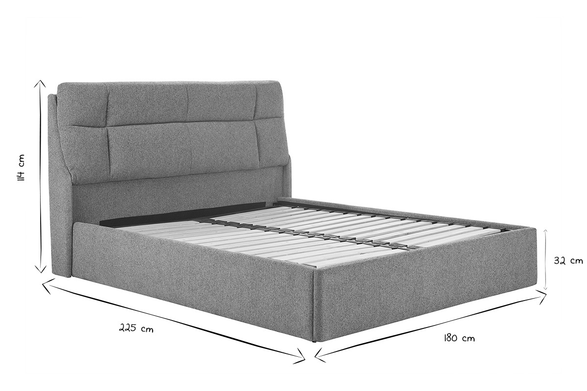Dimensiones de la cama con almacenaje de dos plazas 160x200 cm HONO en negro y blanco, vista de tres cuartos.