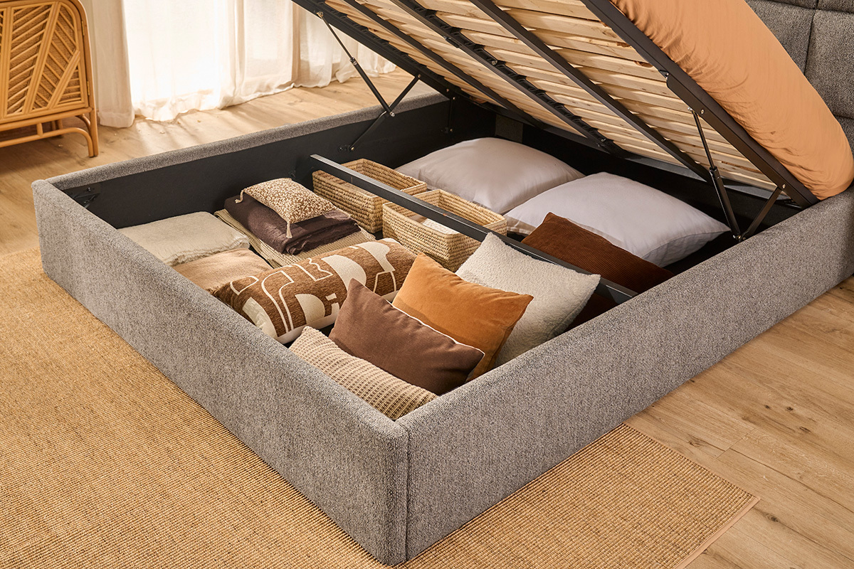 Cama con canap� 2 plazas 160x200 cm en tela texturizada taupe HONO