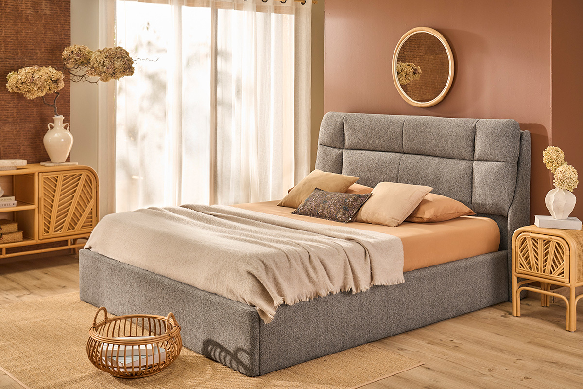 Cama con canap� 2 plazas 160x200 cm en tela texturizada taupe HONO