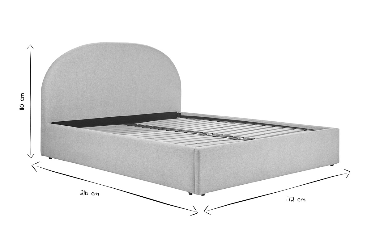 Dimensiones de la cama con almacenamiento OREN 160x200 cm en negro y blanco, vista lateral.