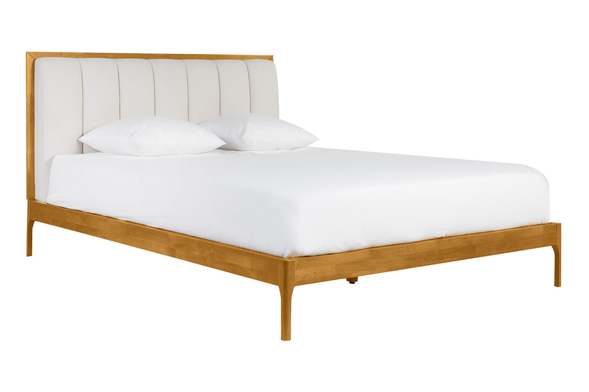 Cama de 2 plazas 160 x 200 cm de madera clara y tejido gris claro RONN